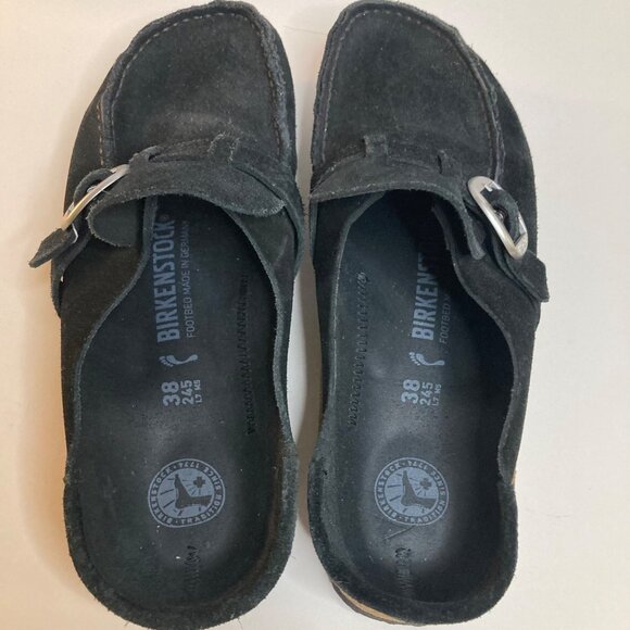 Birkenstock Suede Buckley Buckled Mules Clogs Black EU38 7- 7 1/2 Narrow - Picture 5 of 9